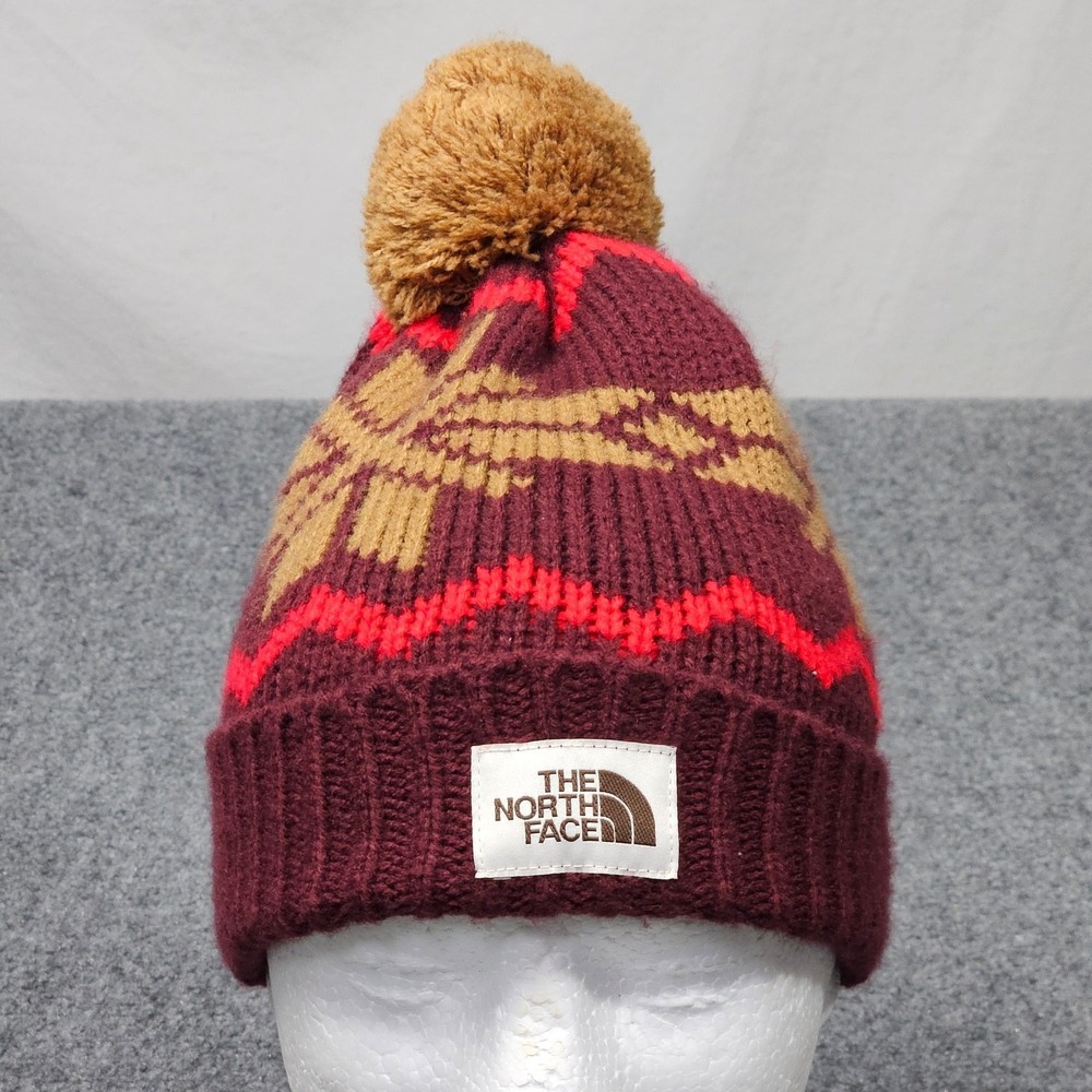 North Face Beanie Hat Burgundy Red Snowflake Knit Pom Pom Winter Skier Gorpcore